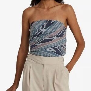 NWT Lauren Ralph Geo-Stripe Cotton Strapless Blouse Asymmetric Pleated Tube Top‎